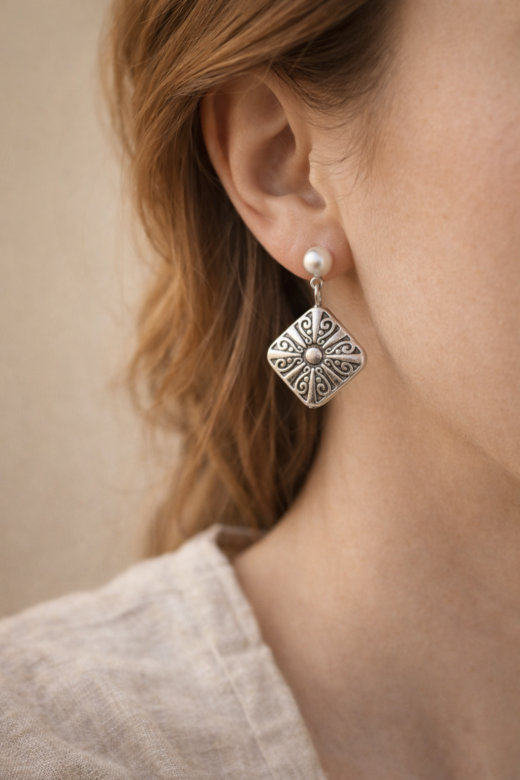 Gulf Mission Earrings – Antique Silver Pearl Dangle Earrings, Coastal Boho Mission Style, Old World Gulf Coast Heirloom Jewelry