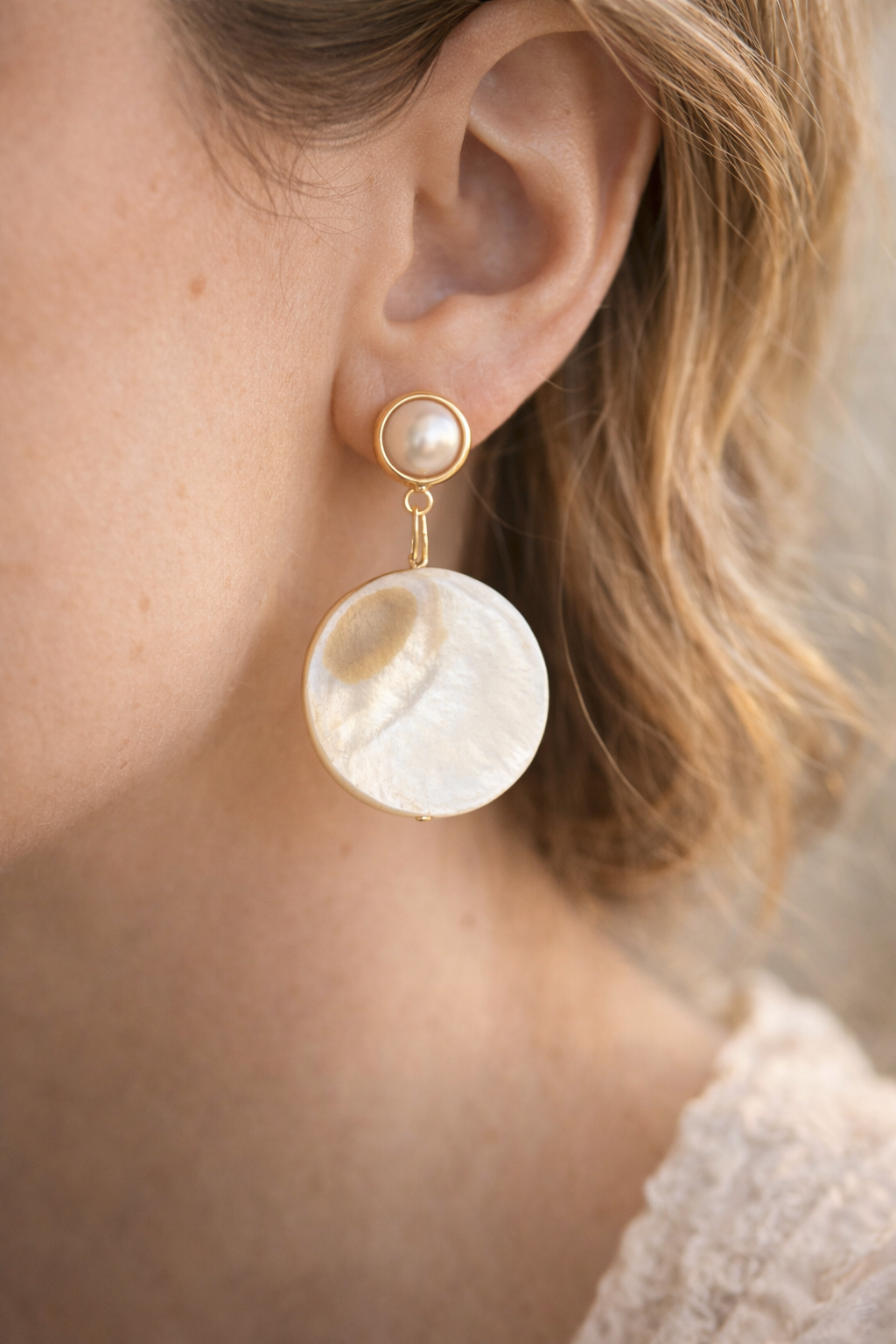 Moon Over the Sound Earrings – Mother of Pearl Dangle Earrings, Coastal Heirloom Jewelry, Pearl Drop Earrings
