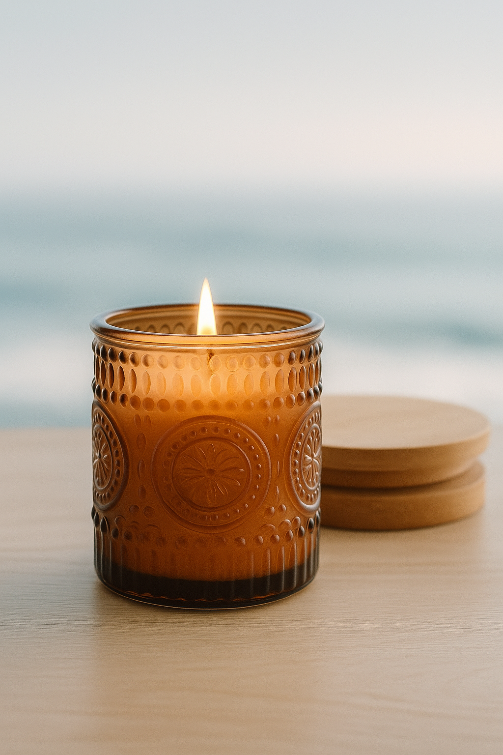 A warm-toned amber glass candle with a wood wick sits softly lit on a textured neutral surface, evoking a cozy and coastal atmosphere. The candle’s glow reflects the golden warmth of a sun washed afternoon.