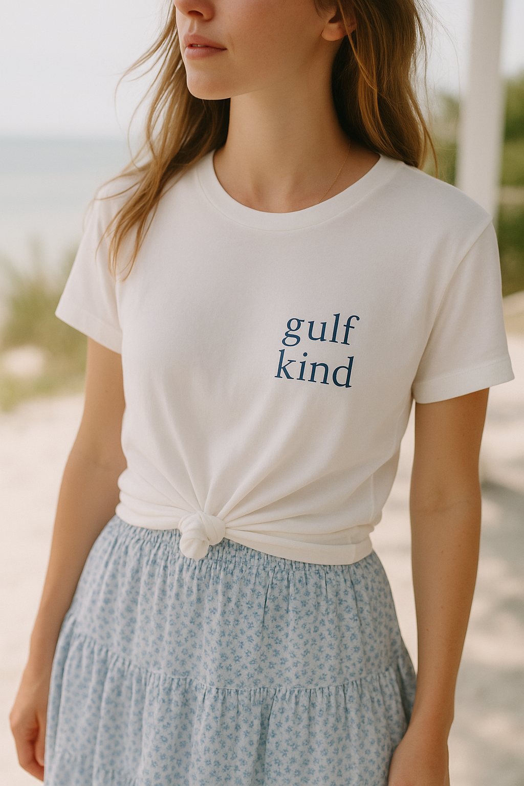 Gulf Kind Signature Tee – Light Blue, White, or Gray | 100% Cotton | Feminine Fit Coastal T-Shirt by Gulf Kind