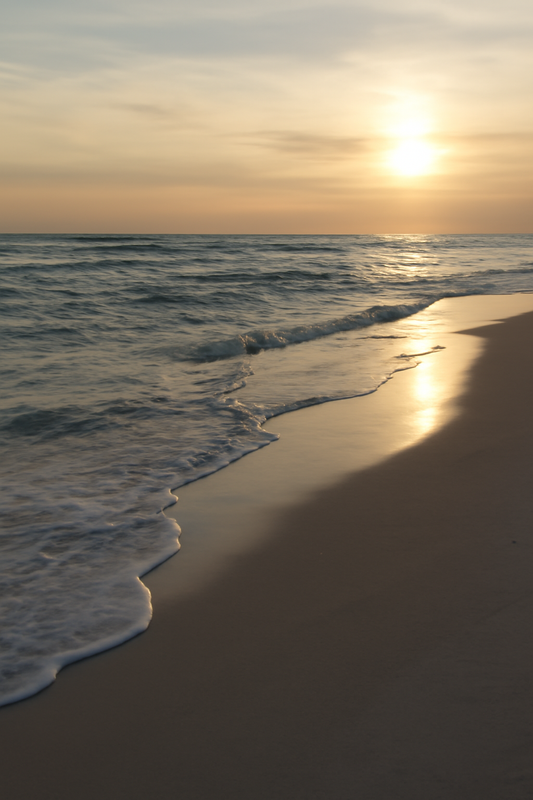Soft-focus coastal scene at golden hour featuring gentle waves, warm light, and a calm shoreline—evoking peace, reflection, and the rhythm of slow living.