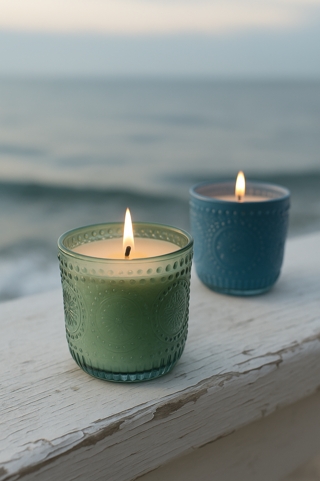 Two intricately patterned glass candle jars—one blue, one green—rest on wooden trays against a soft, neutral background. The scene evokes a calm, coastal atmosphere with elegant, vintage-inspired details.