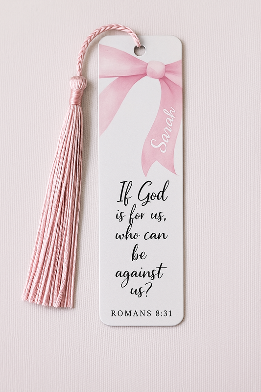 Romans 8:31 Pink Bow Scripture Bookmark