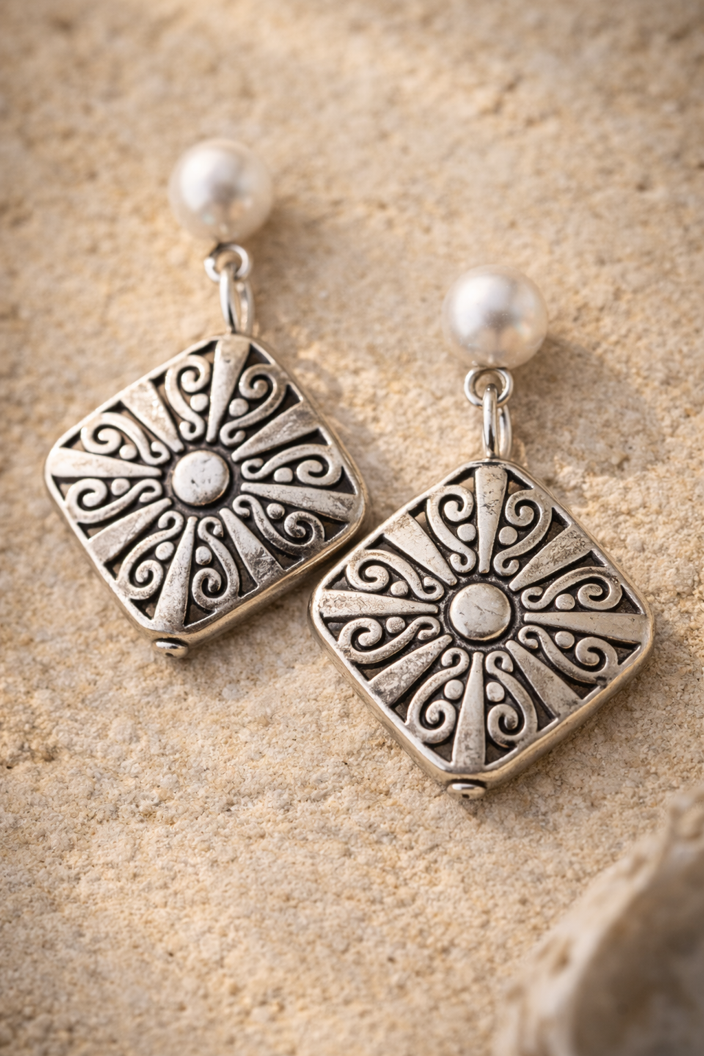 Gulf Mission Earrings – Antique Silver Pearl Dangle Earrings, Coastal Boho Mission Style, Old World Gulf Coast Heirloom Jewelry