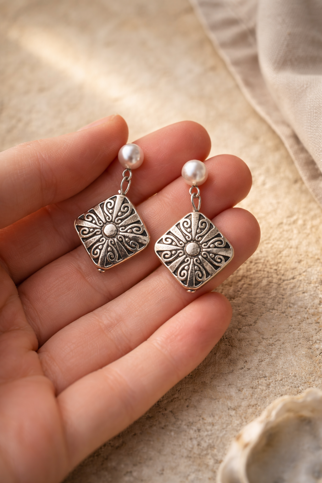 Gulf Mission Earrings – Antique Silver Pearl Dangle Earrings, Coastal Boho Mission Style, Old World Gulf Coast Heirloom Jewelry