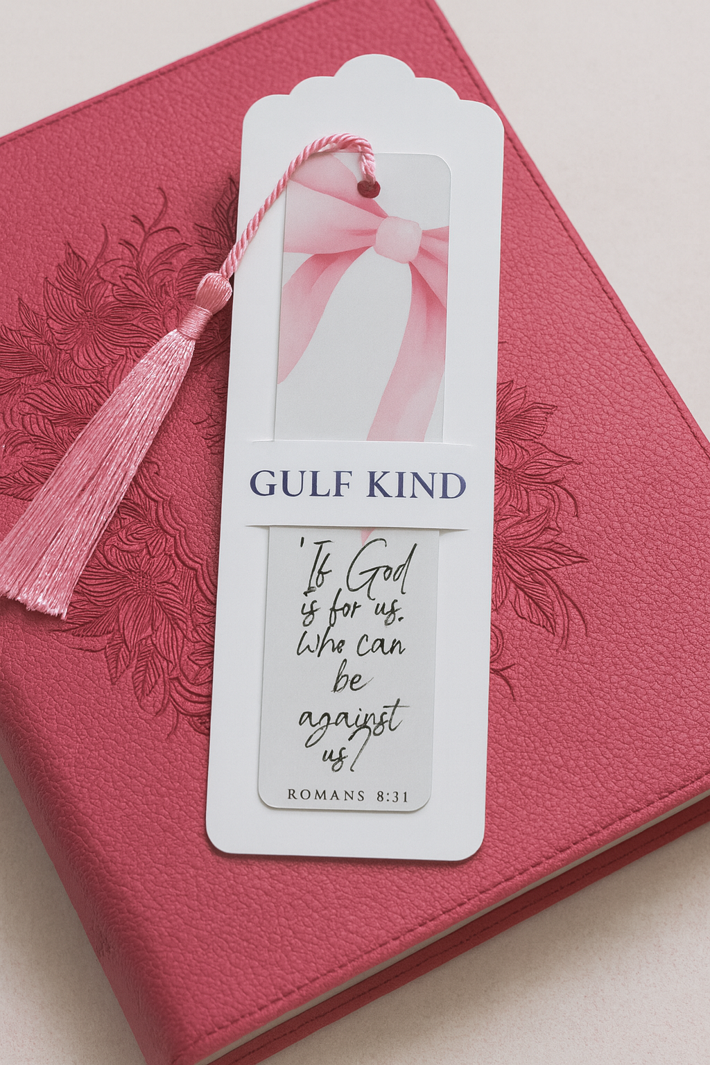 Romans 8:31 Pink Bow Scripture Bookmark