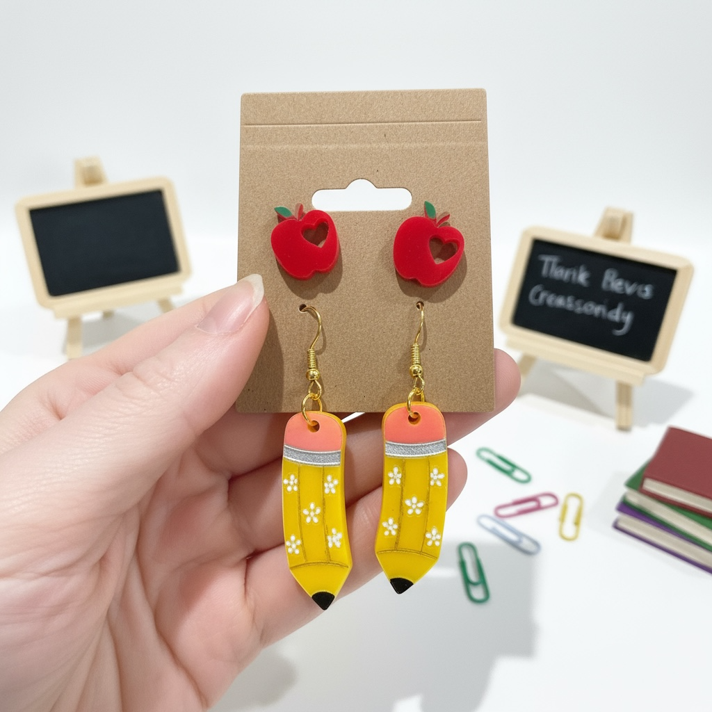 Teacher Earrings – Acrylic Apple Studs with Classroom-Themed Charms | Handmade Teacher Gift