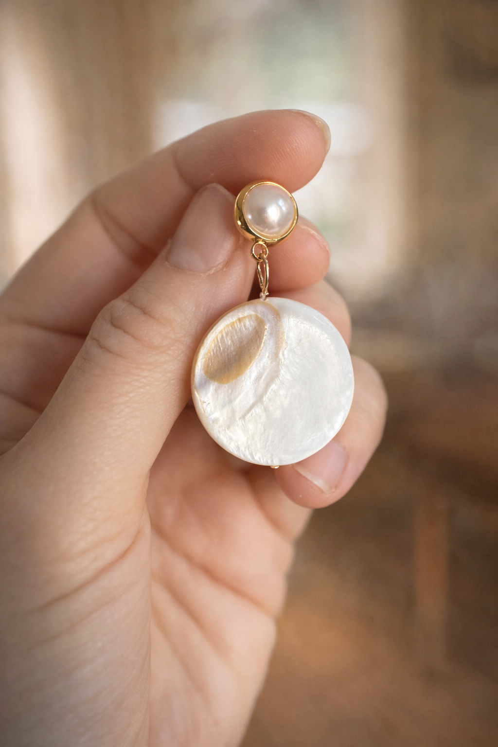 Moon Over the Sound Earrings – Mother of Pearl Dangle Earrings, Coastal Heirloom Jewelry, Pearl Drop Earrings