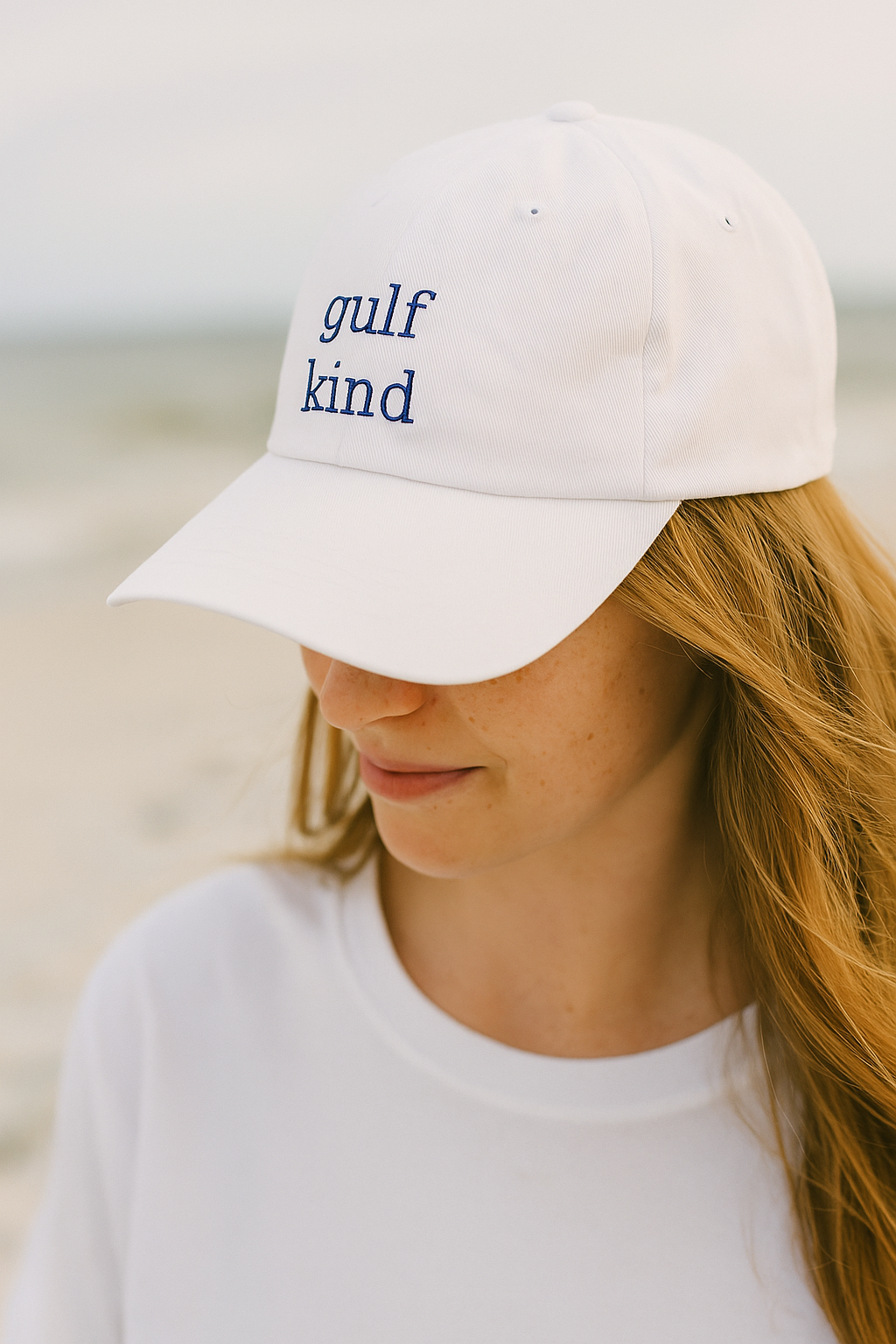 Gulf Kind Hat – Classic Cotton Dad Cap | Soft Blue, Oyster White, Sand Tan & Shell Pink | Embroidered Coastal Hat by Gulf Kind