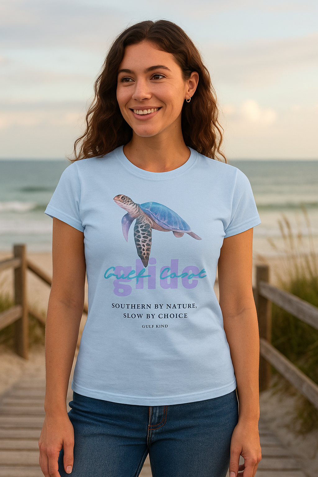 Gulf Coast Glide Shirt – Sea Turtle Graphic Tee | Southern Slow Living Coastal T-Shirt | Women’s Softstyle Tee by Gulf Kind