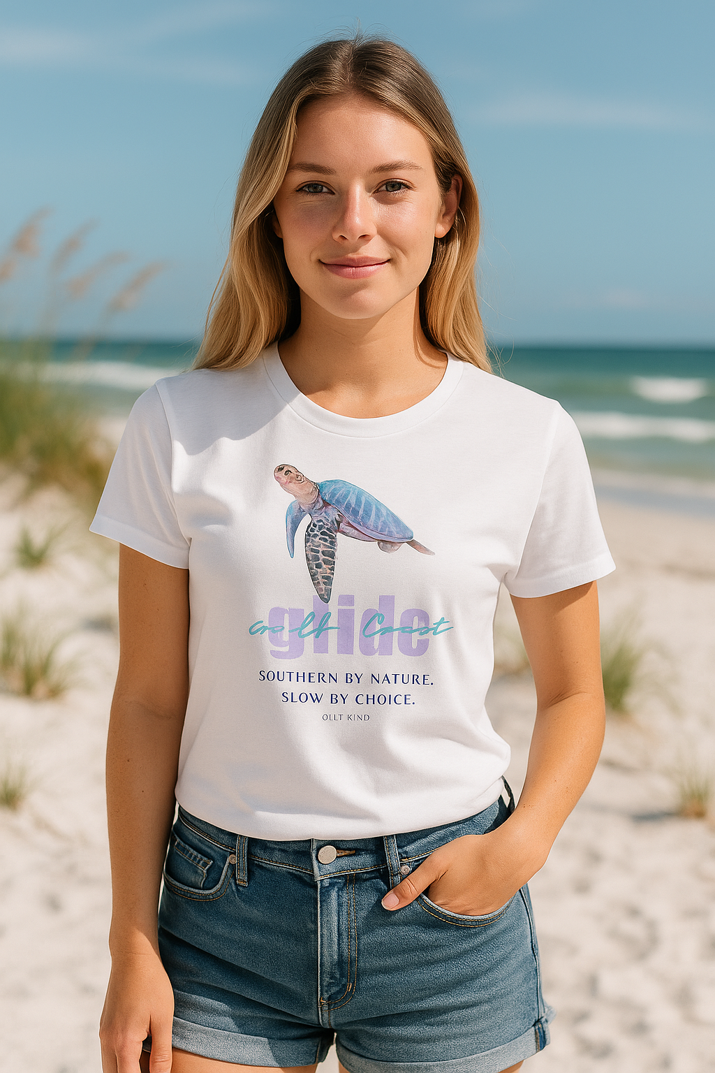 Gulf Coast Glide Shirt – Sea Turtle Graphic Tee | Southern Slow Living Coastal T-Shirt | Women’s Softstyle Tee by Gulf Kind