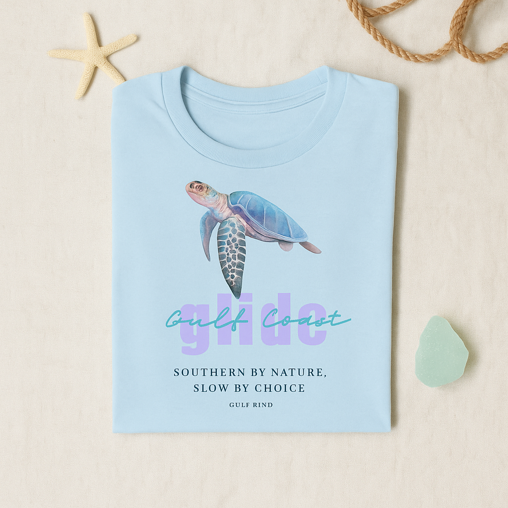 Gulf Coast Glide Shirt – Sea Turtle Graphic Tee | Southern Slow Living Coastal T-Shirt | Women’s Softstyle Tee by Gulf Kind