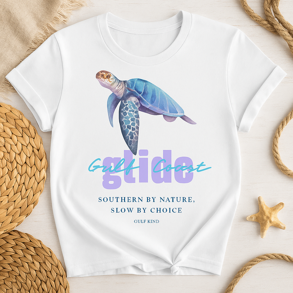 Gulf Coast Glide Shirt – Sea Turtle Graphic Tee | Southern Slow Living Coastal T-Shirt | Women’s Softstyle Tee by Gulf Kind