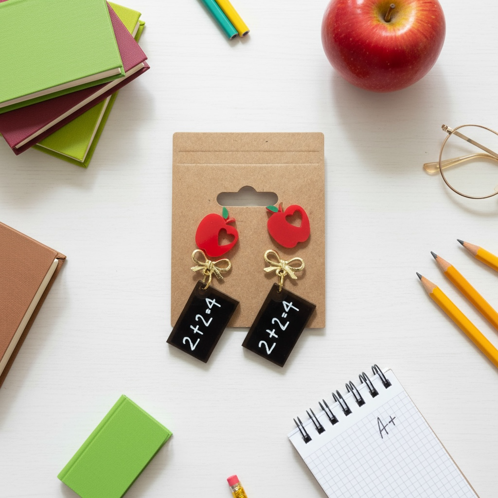 Teacher Earrings – Acrylic Apple Studs with Classroom-Themed Charms | Handmade Teacher Gift