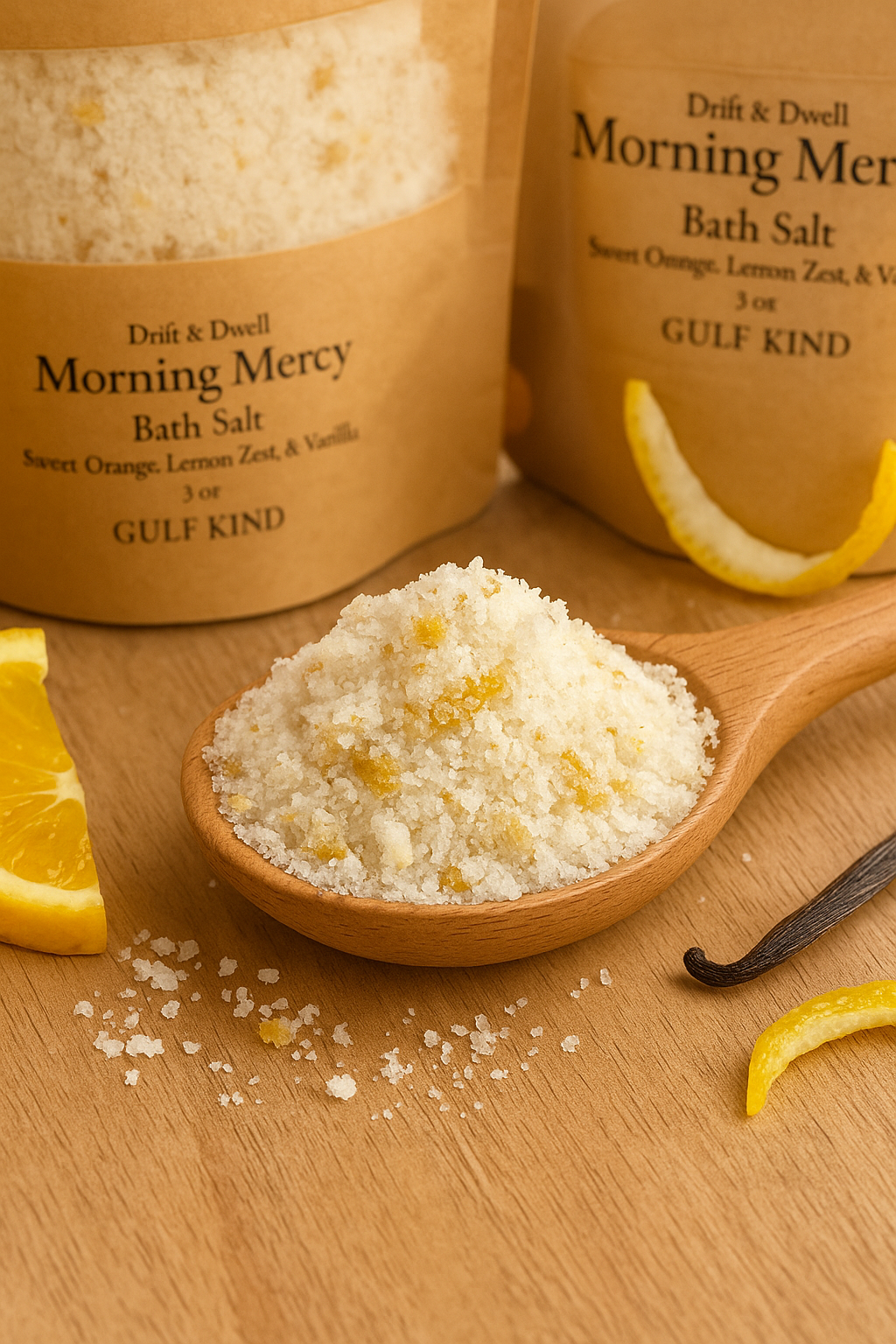 Morning Mercy Bath Salts – Sweet Citrus & Frankincense Soak | Small & Large Pouch – Includes Wooden Spoon – Gulf Kind