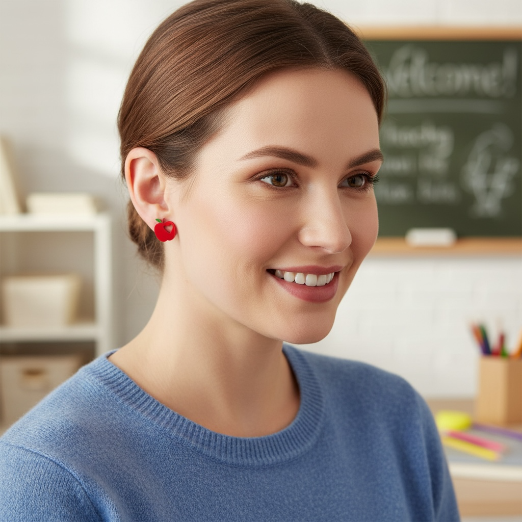 Teacher Earrings – Acrylic Apple Studs with Classroom-Themed Charms | Handmade Teacher Gift