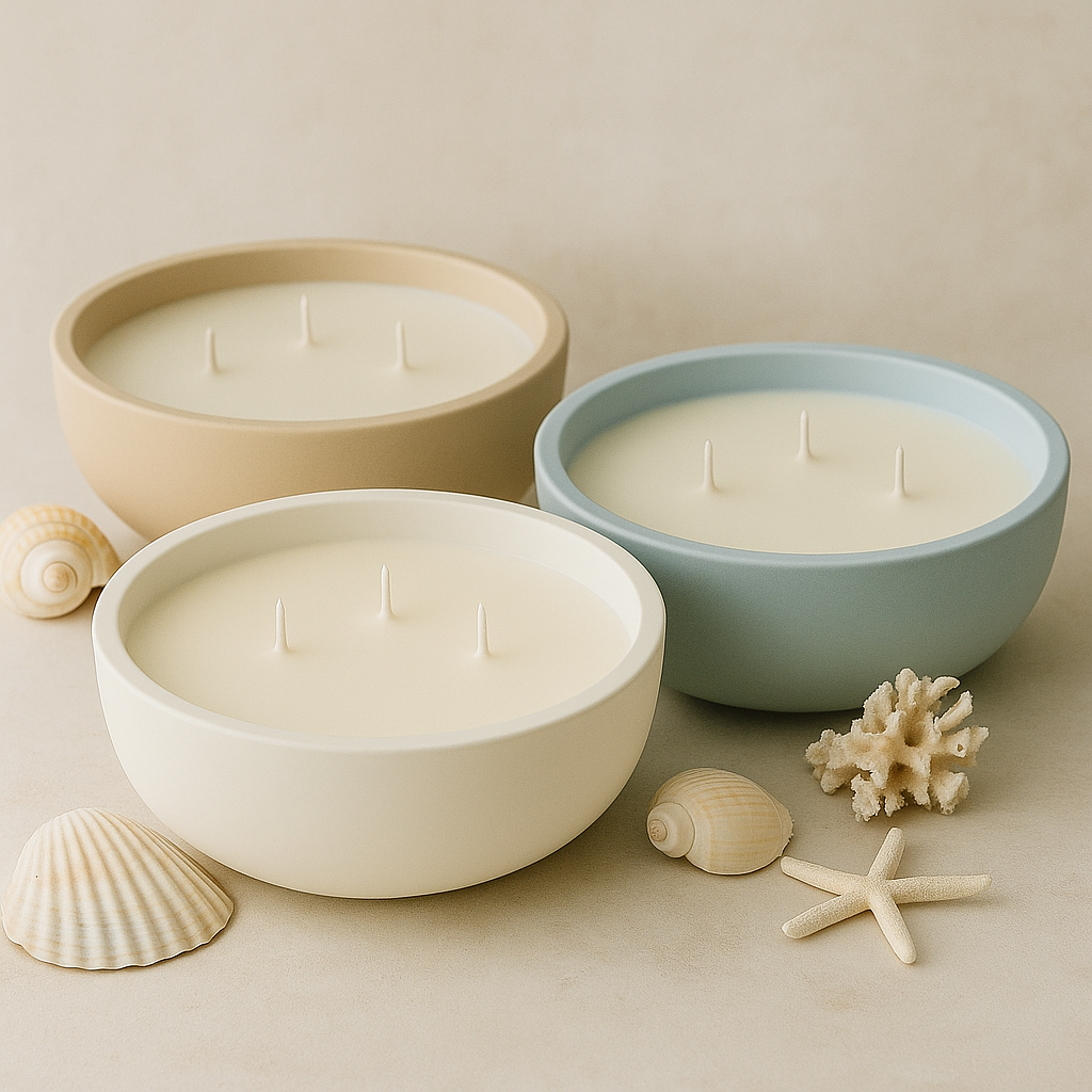 The Stillwater Set – Three-Wick Ceramic Bowl Candle | White, Sand, & Pale Blue | Soy Wax with Cotton Wicks | Gulf Kind