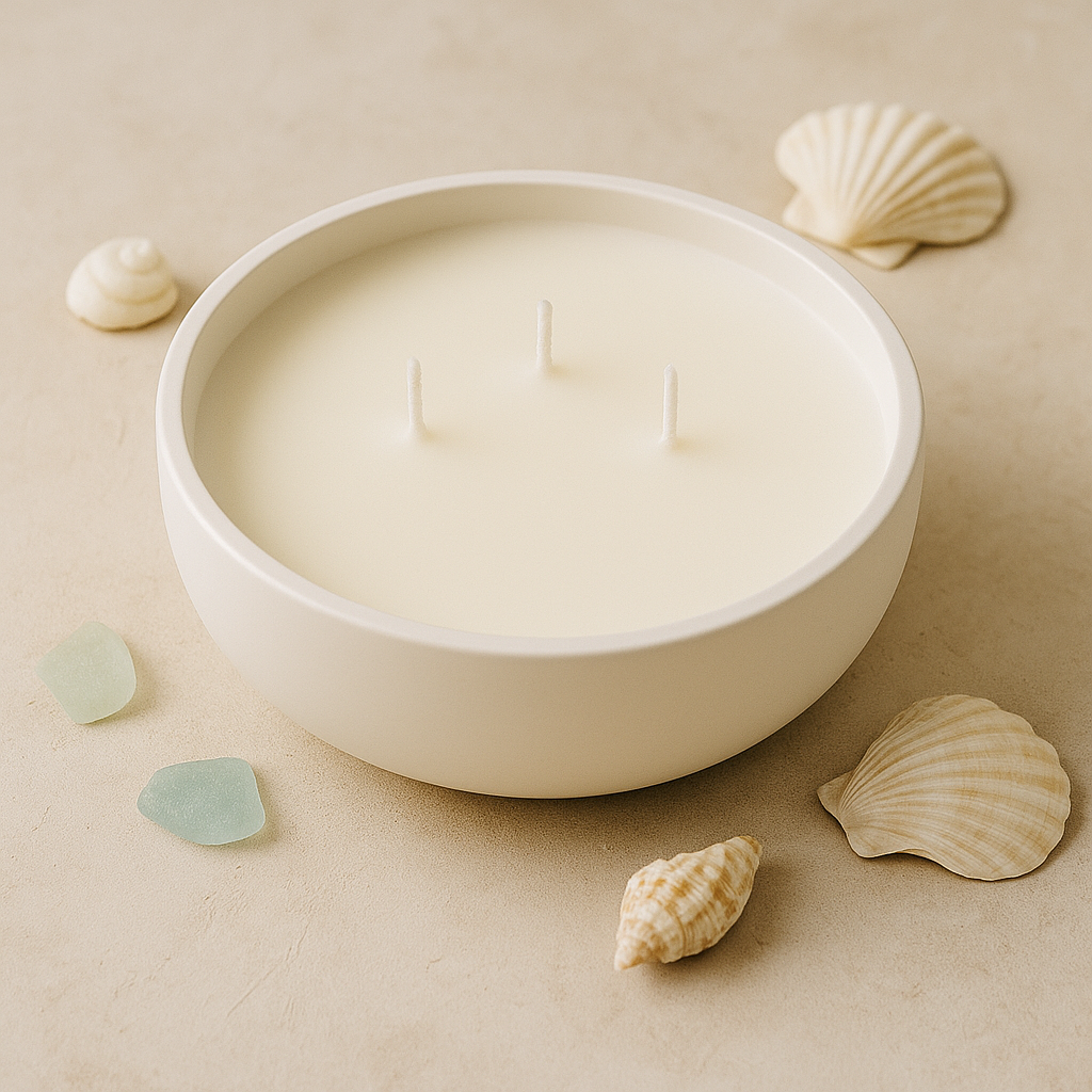 The Stillwater Set – Three-Wick Ceramic Bowl Candle | White, Sand, & Pale Blue | Soy Wax with Cotton Wicks | Gulf Kind