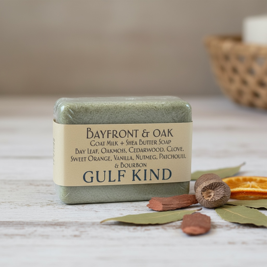 Bayfront & Oak Goat Milk + Shea Butter Soap – Bay Leaf, Oakmoss, Cedarwood, Clove, Vanilla and Bourbon | Men’s Artisan Soap by Gulf Kind