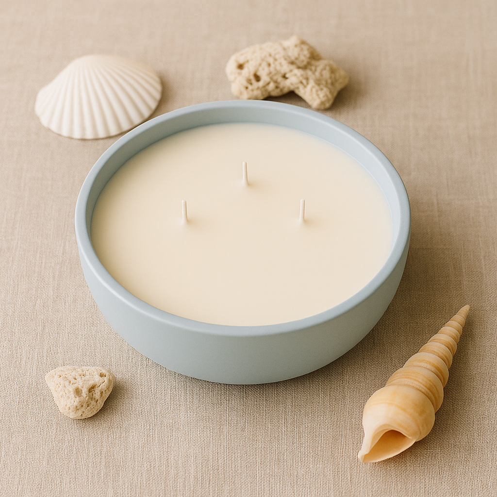 The Stillwater Set – Three-Wick Ceramic Bowl Candle | White, Sand, & Pale Blue | Soy Wax with Cotton Wicks | Gulf Kind