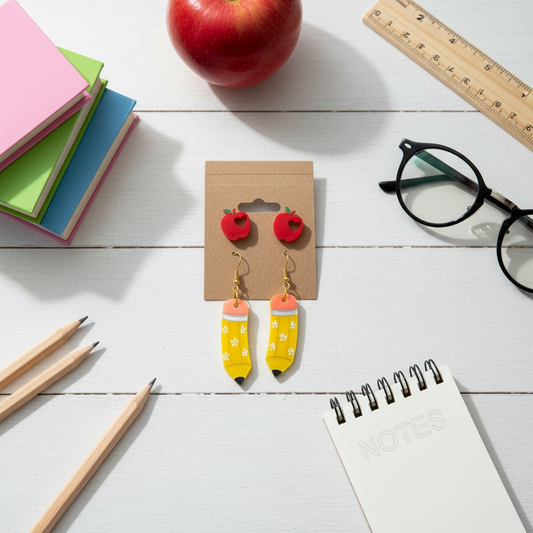 Teacher Earrings – Acrylic Apple Studs with Classroom-Themed Charms | Handmade Teacher Gift