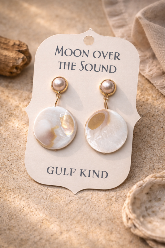 Moon Over the Sound Earrings – Mother of Pearl Dangle Earrings, Coastal Heirloom Jewelry, Pearl Drop Earrings