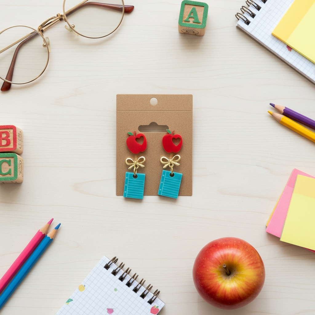 Teacher Earrings – Acrylic Apple Studs with Classroom-Themed Charms | Handmade Teacher Gift