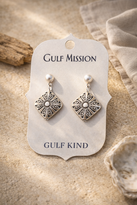 Gulf Mission Earrings – Antique Silver Pearl Dangle Earrings, Coastal Boho Mission Style, Old World Gulf Coast Heirloom Jewelry
