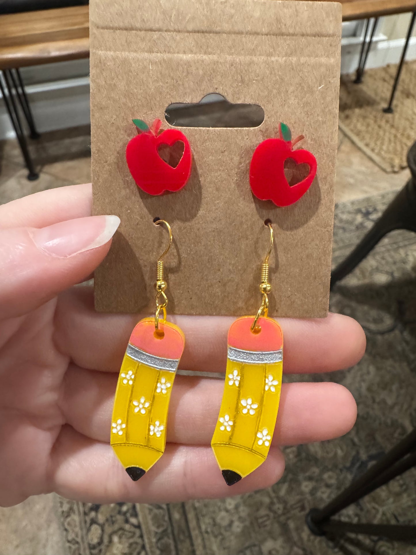 Teacher Earrings – Acrylic Apple Studs with Classroom-Themed Charms | Handmade Teacher Gift