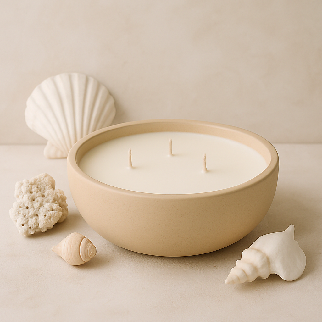 The Stillwater Set – Three-Wick Ceramic Bowl Candle | White, Sand, & Pale Blue | Soy Wax with Cotton Wicks | Gulf Kind