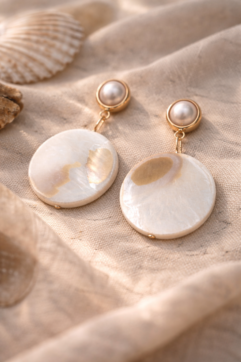 Moon Over the Sound Earrings – Mother of Pearl Dangle Earrings, Coastal Heirloom Jewelry, Pearl Drop Earrings