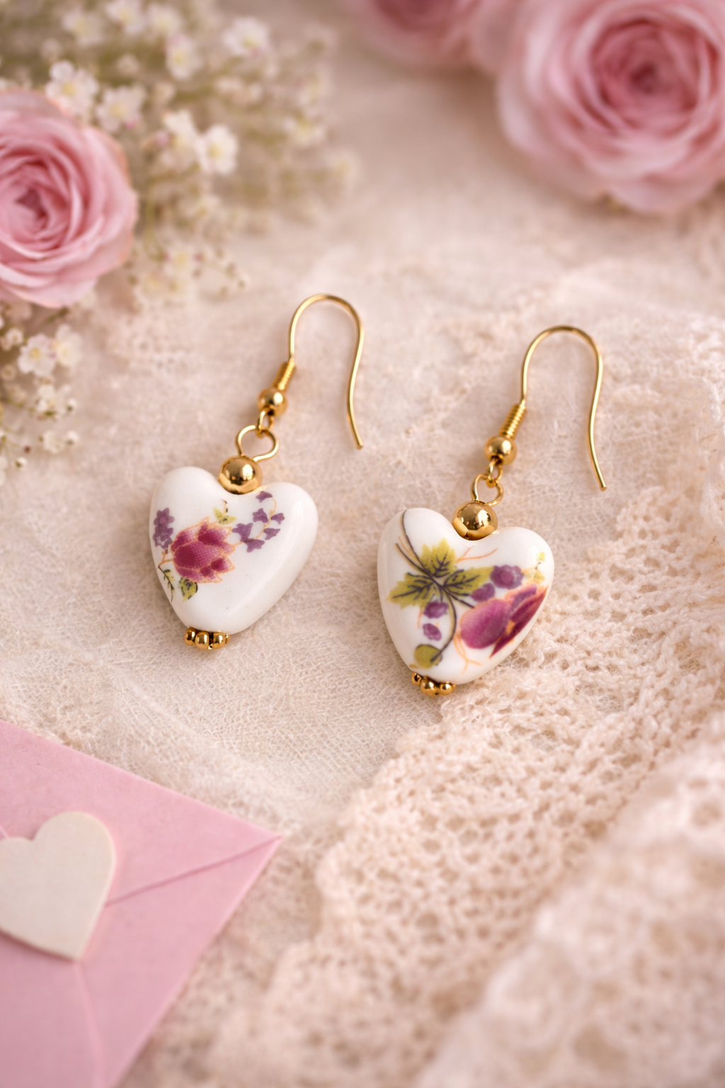 Blooming Affection Heart Earrings – Floral Porcelain Dangle Earrings, Valentine’s Day Gift, Mother’s Day Jewelry, Spring Earrings | Gulf Blooms by Gulf Kind