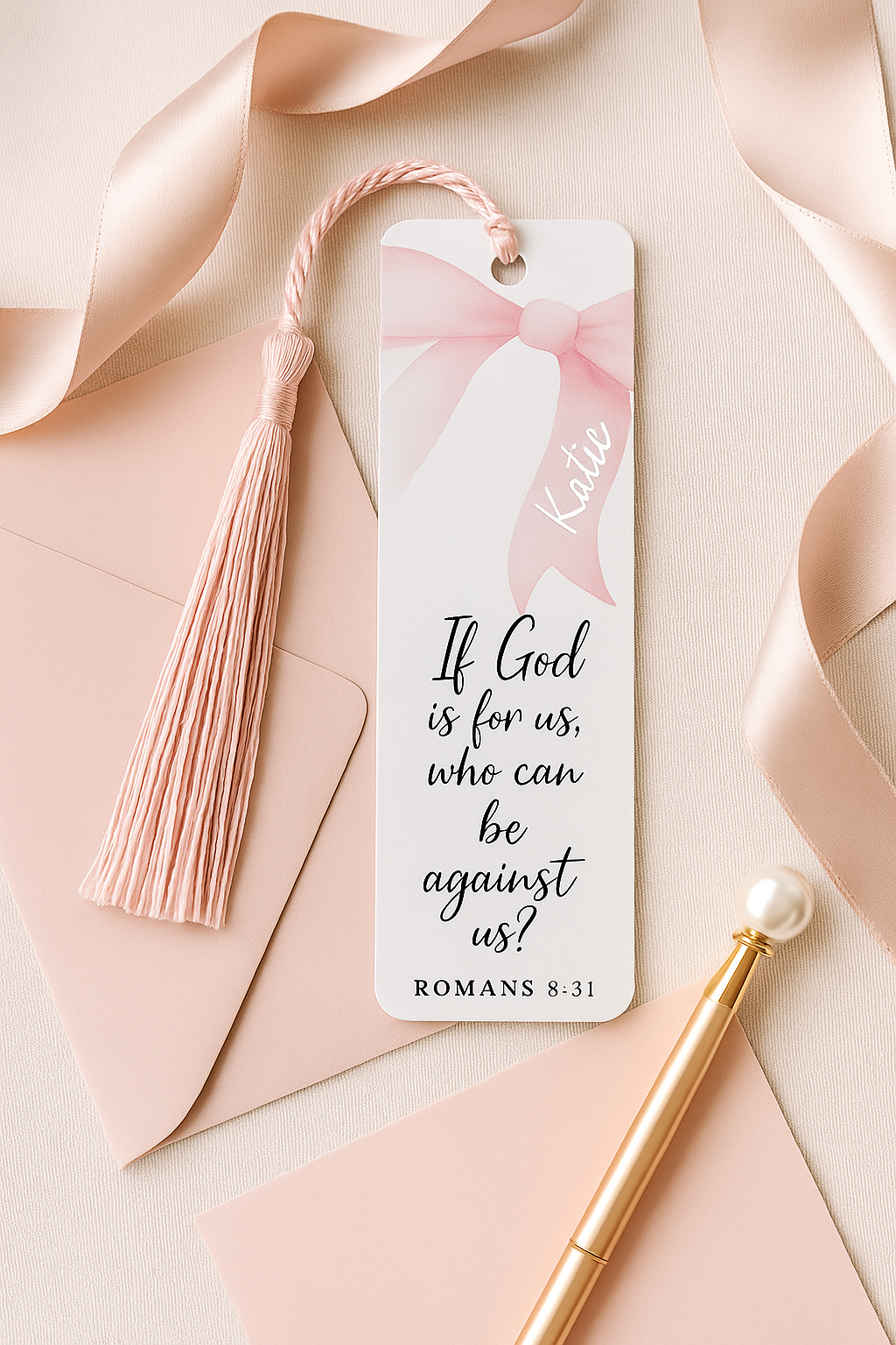 Romans 8:31 Pink Bow Scripture Bookmark