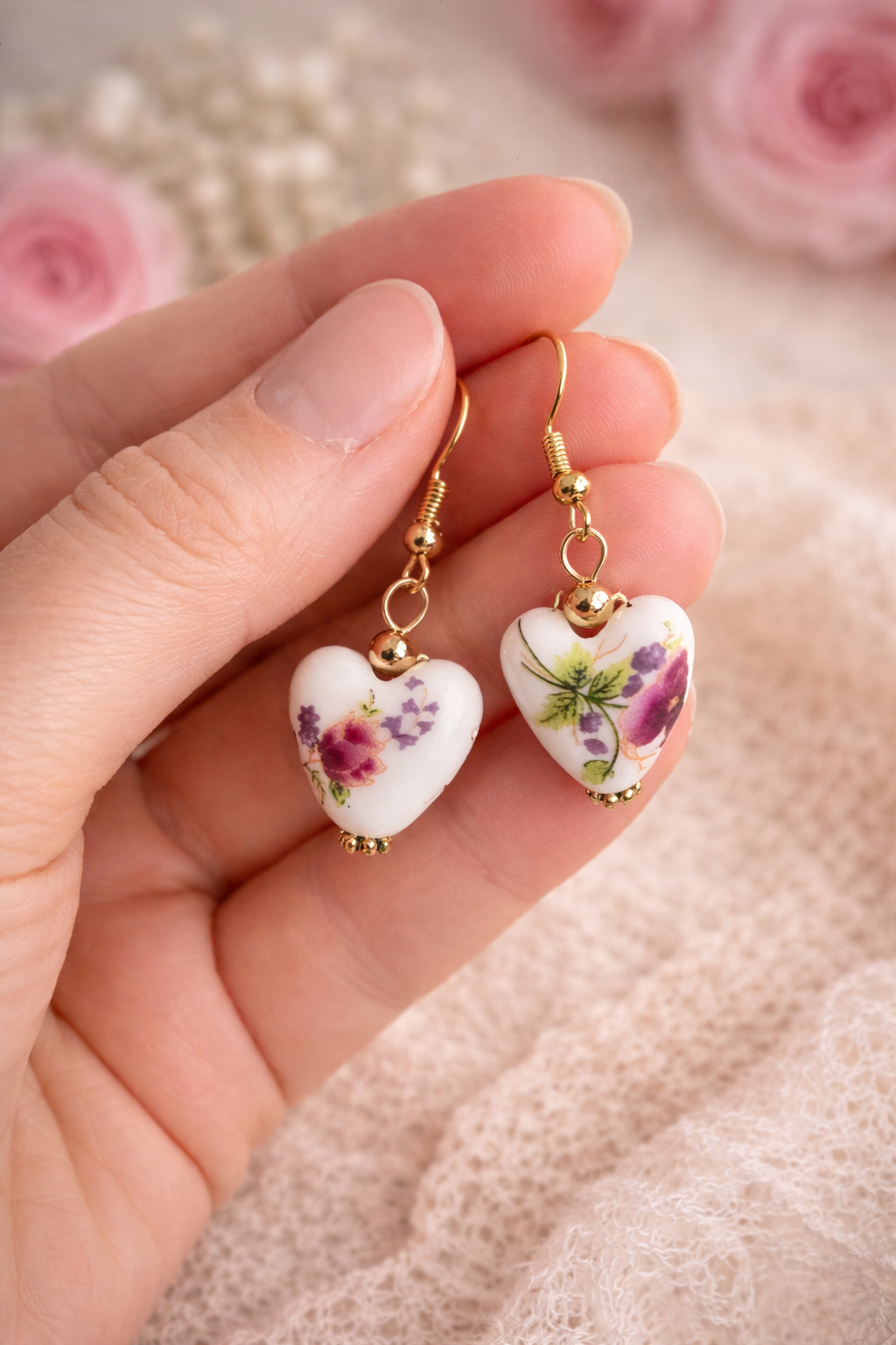 Blooming Affection Heart Earrings – Floral Porcelain Dangle Earrings, Valentine’s Day Gift, Mother’s Day Jewelry, Spring Earrings | Gulf Blooms by Gulf Kind