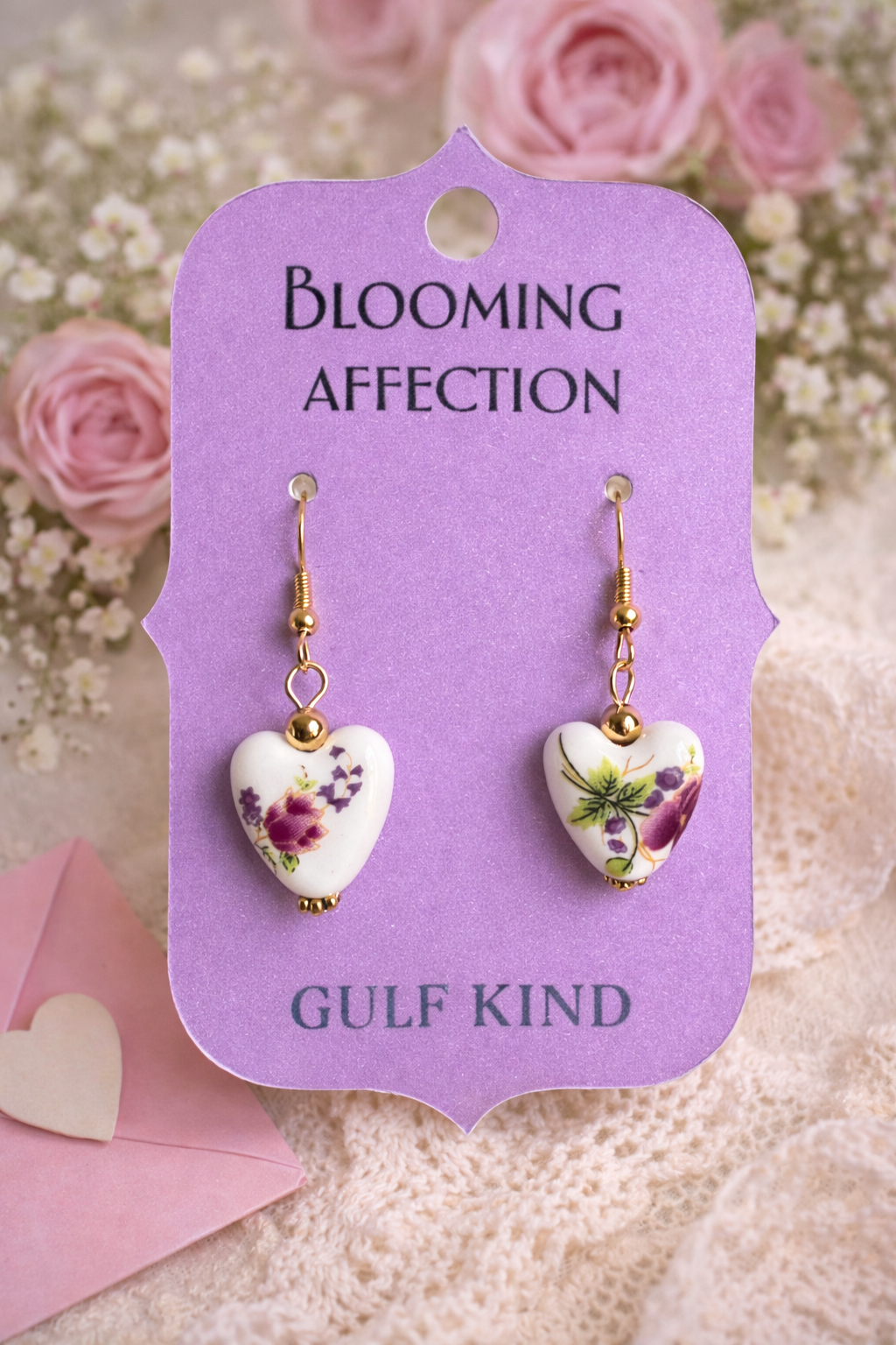 Blooming Affection Heart Earrings – Floral Porcelain Dangle Earrings, Valentine’s Day Gift, Mother’s Day Jewelry, Spring Earrings | Gulf Blooms by Gulf Kind