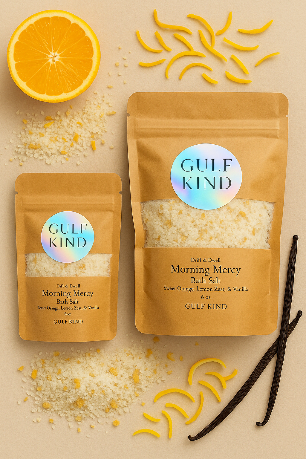 Morning Mercy Bath Salts – Sweet Citrus & Frankincense Soak | Small & Large Pouch – Includes Wooden Spoon – Gulf Kind