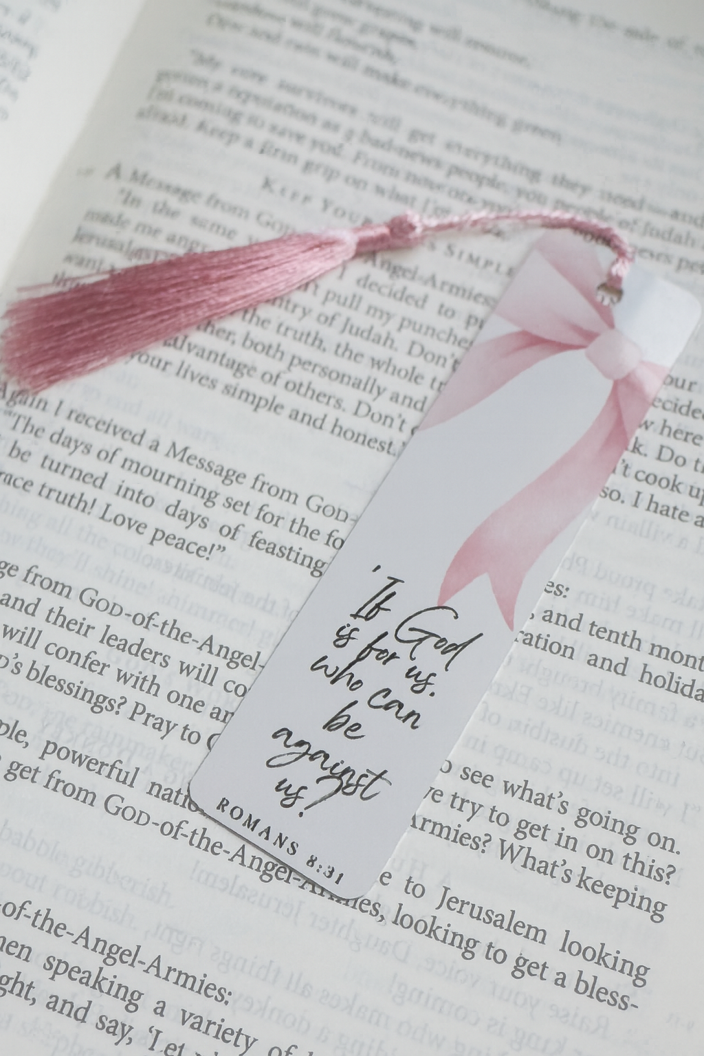 Romans 8:31 Pink Bow Scripture Bookmark