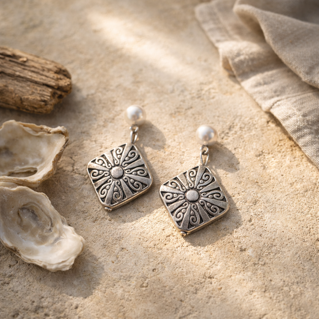 Gulf Mission Earrings – Antique Silver Pearl Dangle Earrings, Coastal Boho Mission Style, Old World Gulf Coast Heirloom Jewelry