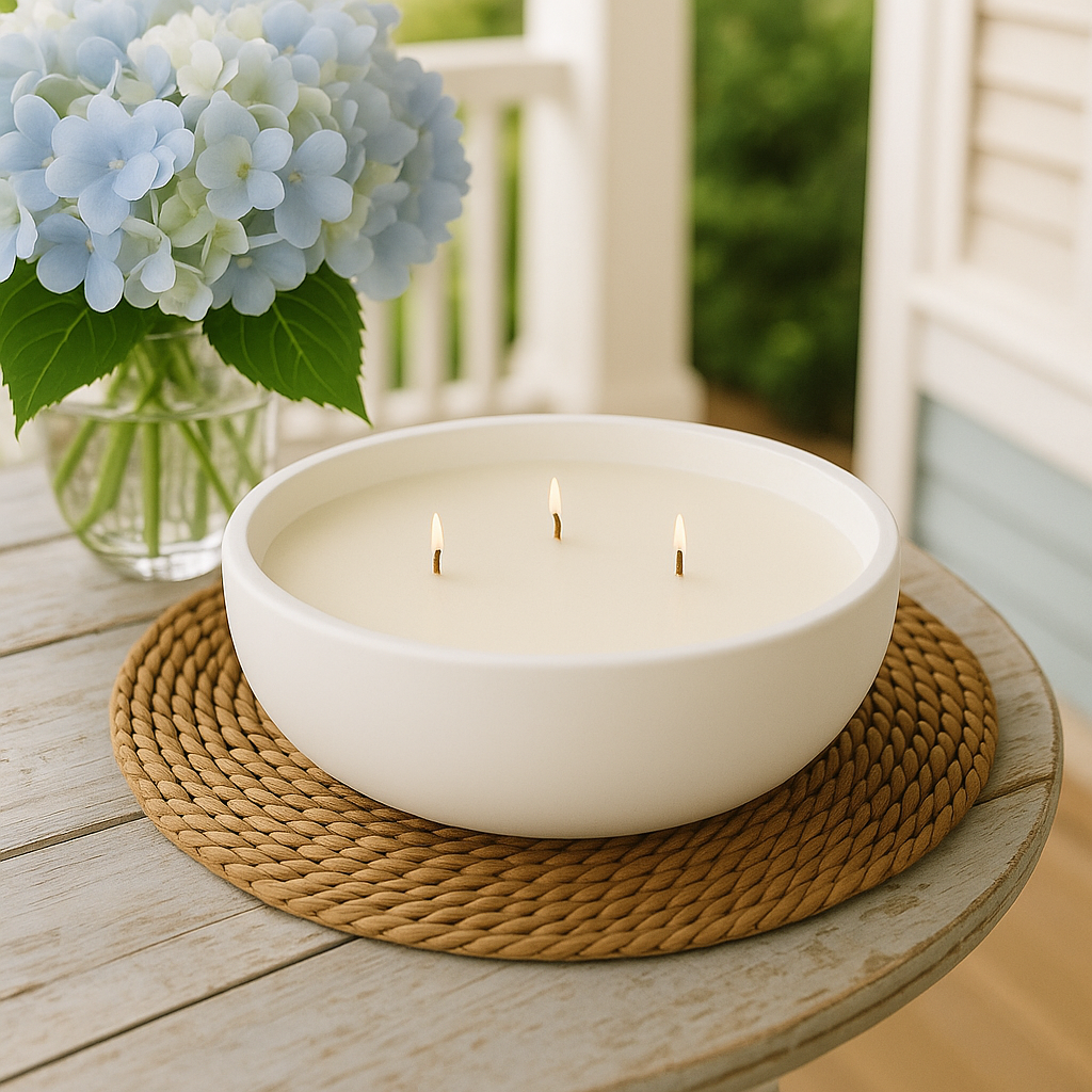 The Stillwater Set – Three-Wick Ceramic Bowl Candle | White, Sand, & Pale Blue | Soy Wax with Cotton Wicks | Gulf Kind