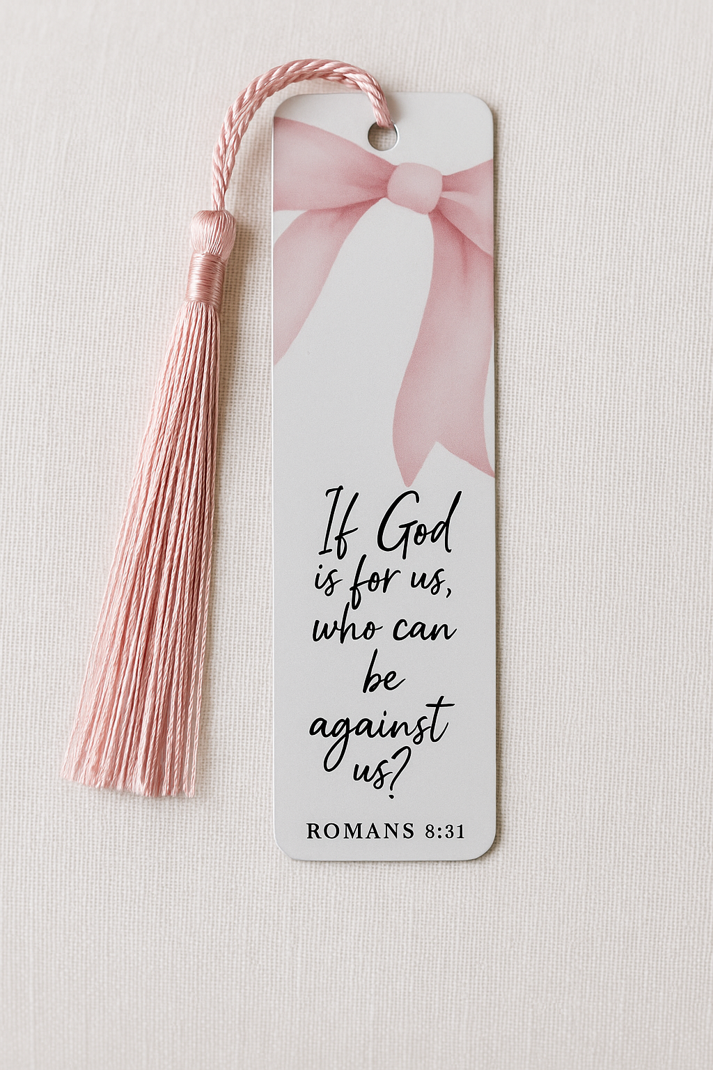 Romans 8:31 Pink Bow Scripture Bookmark