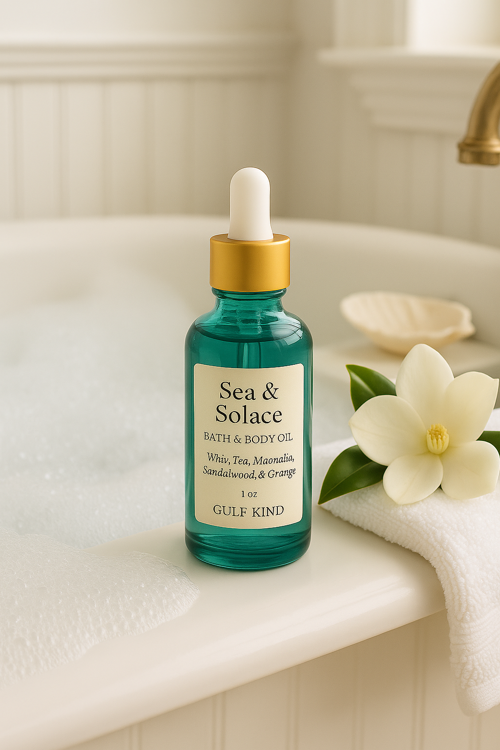 Sea & Solace Bath & Body Oil – White Tea, Magnolia, Sandalwood & Orange | Bubbly Botanical Bath Concentrate – 1 oz by Gulf Kind