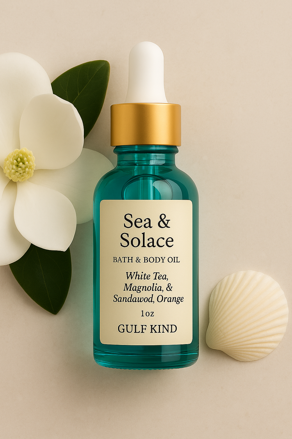 Sea & Solace Bath & Body Oil – White Tea, Magnolia, Sandalwood & Orange | Bubbly Botanical Bath Concentrate – 1 oz by Gulf Kind