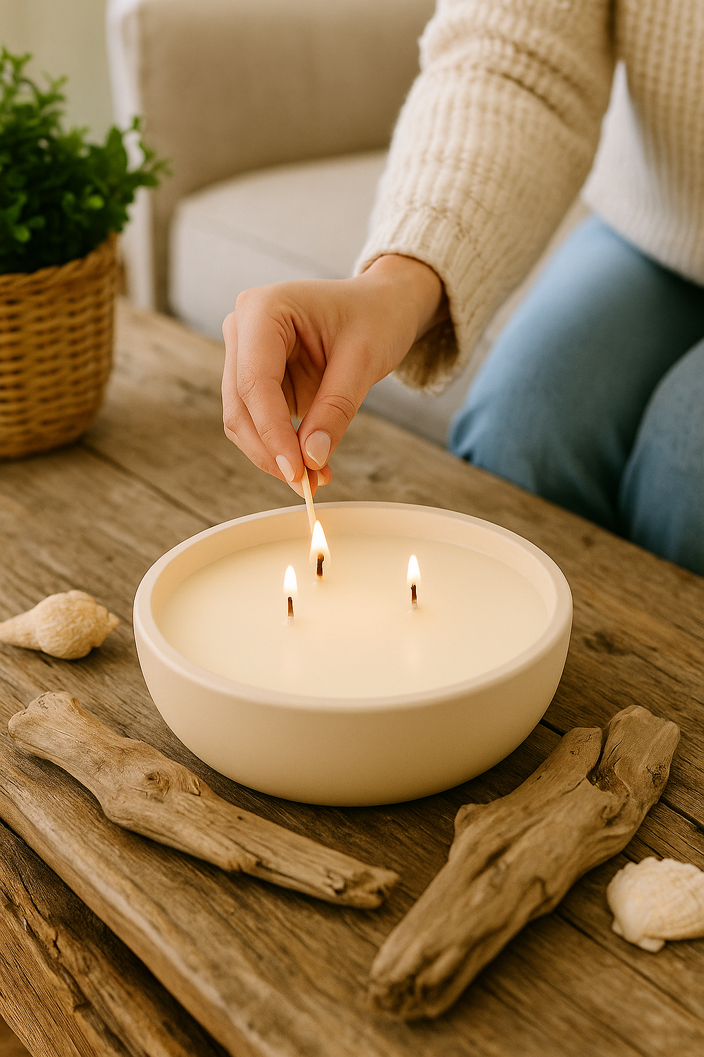 The Stillwater Set – Three-Wick Ceramic Bowl Candle | White, Sand, & Pale Blue | Soy Wax with Cotton Wicks | Gulf Kind