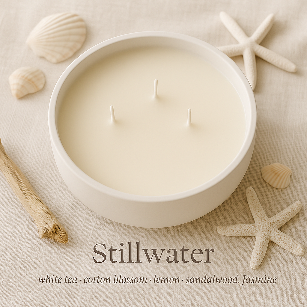 The Stillwater Set – Three-Wick Ceramic Bowl Candle | White, Sand, & Pale Blue | Soy Wax with Cotton Wicks | Gulf Kind