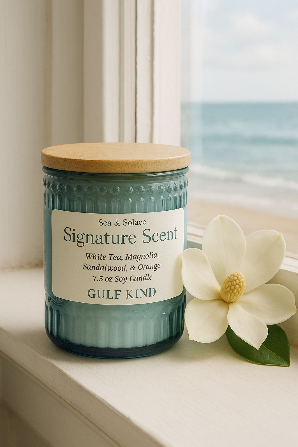Sea & Solace Candle – 7.5 oz Glass Jar | Salt Air, Driftwood & Orchid | Wax Wick Coastal Candle by Gulf Kind