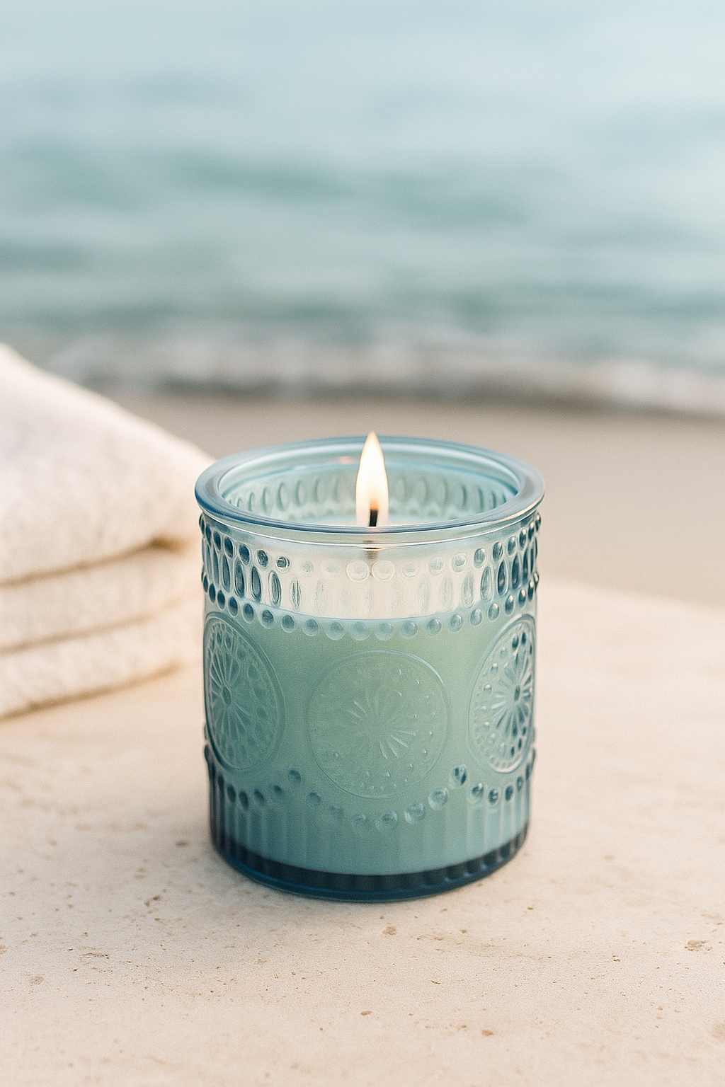 Lit blue glass candle resting on a natural surface with coastal light, showcasing soy wax and wood wick—ideal for serene home décor and ocean-inspired ambiance.