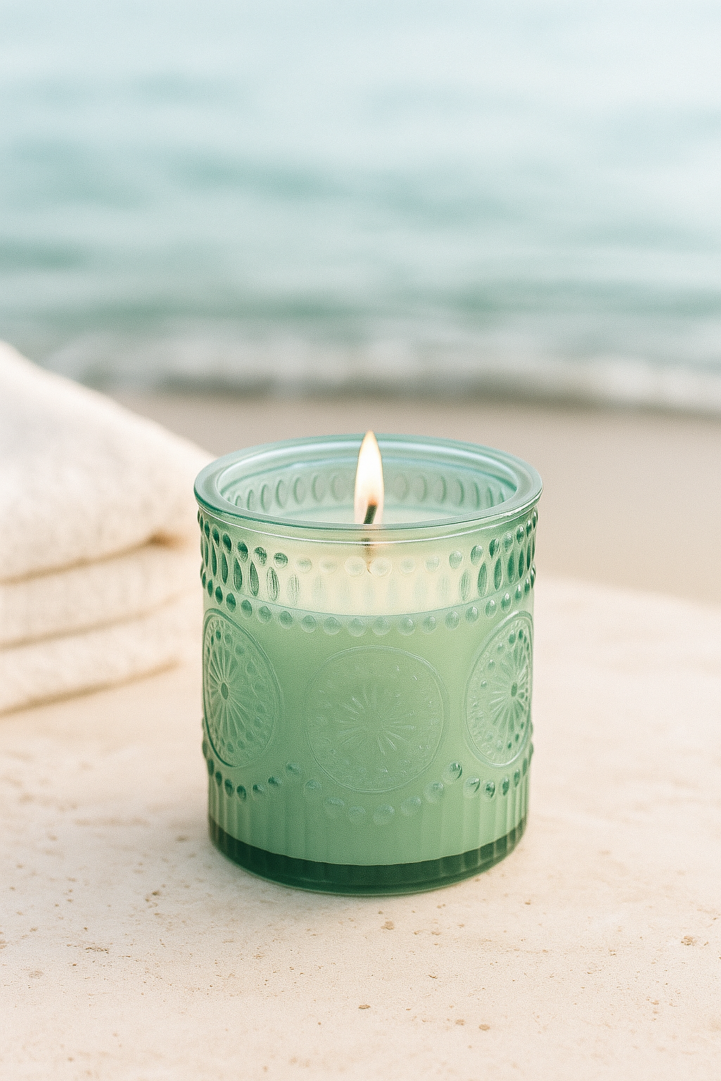 Lit green glass candle with wood wick on a coastal-inspired surface, evoking a fresh garden and ocean breeze—soy wax blend and artisan craftsmanship in a sea glass vessel.