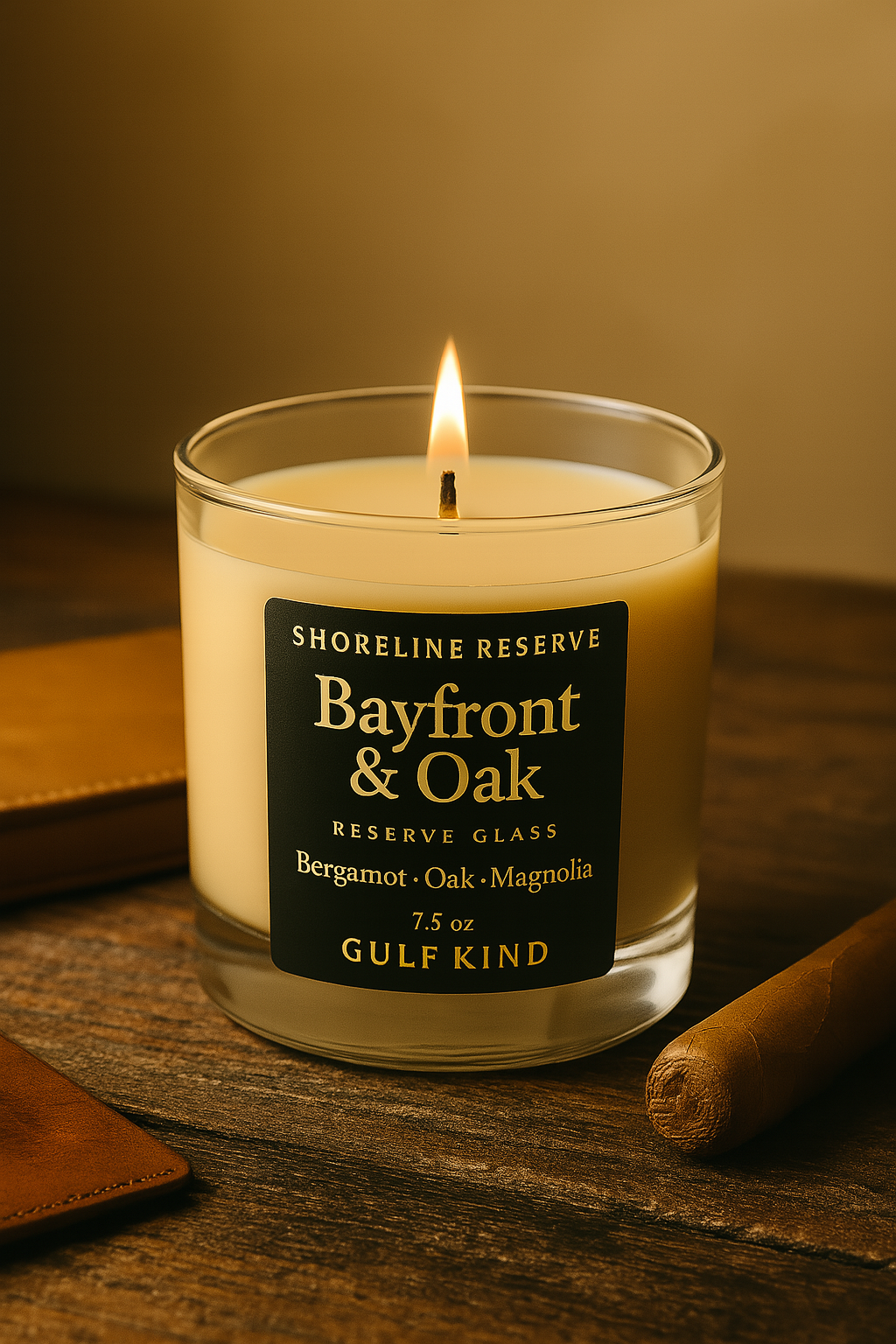 Bayfront & Oak Candle – Masculine Reserve Glass Candle for Men – Bay Laurel, Oakwood, Amber | 7.5 oz Premium Soy by Gulf Kind