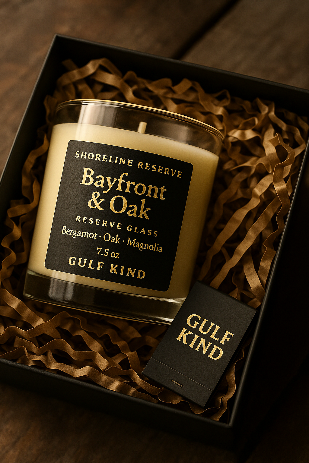 Bayfront & Oak Candle – Masculine Reserve Glass Candle for Men – Bay Laurel, Oakwood, Amber | 7.5 oz Premium Soy by Gulf Kind