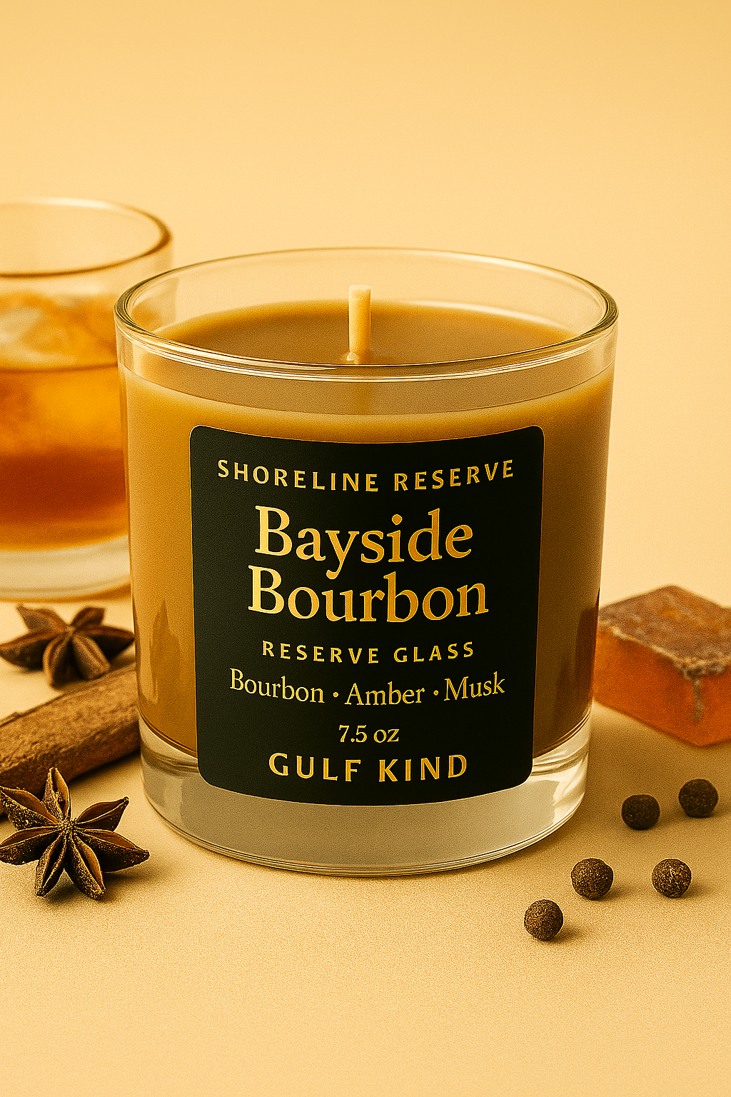 Bayside Bourbon Candle – Bourbon, Amber & Musk Scent | Masculine Soy Candle in Reusable Rocks Glass – Gift for Him by Gulf Kind